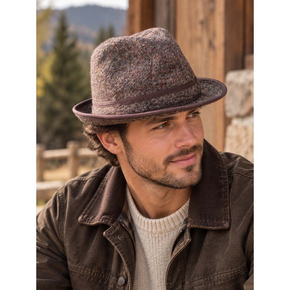 Stetson Harris Tweed Wool Fedora Hat Brown Multi Color Plaid 7 1/8 57cm Scotland